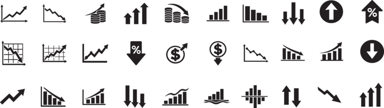 Increase and decrease icon set with business growth and decline graph symbols. Clean vector design.