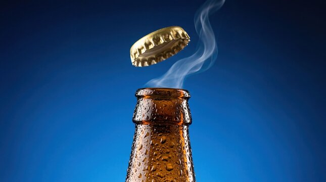 A close-up of a brown glass beer bottle with condensation. A golden bottle cap is flying off, releasing steam against a blue background.