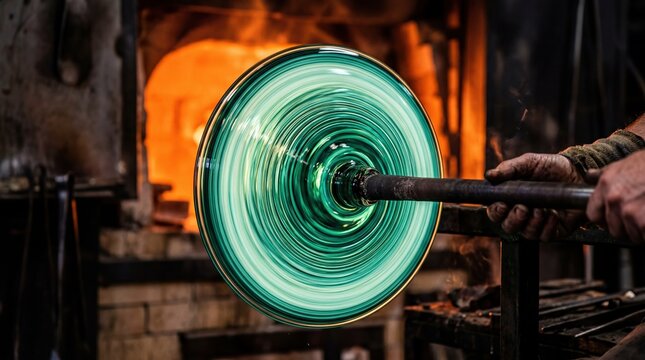 A glassblower shapes a vibrant green glass piece in a workshop. The glowing furnace provides warm light, highlighting the craftsmanship involved in glass art.