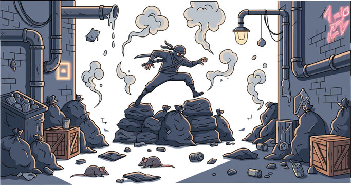 Ninja character leaping over trash bags in a dark messy city back alley with industrial pipes and rats vector illustration