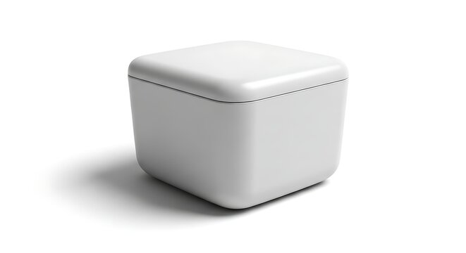 A small white square storage box with a smooth rounded lid for organizing items in a clean modern home office space. spill-resistant containers