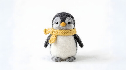 Fototapeta premium miniature needle felted penguin wearing a yellow knit scarf handcrafted wool animal stock photo