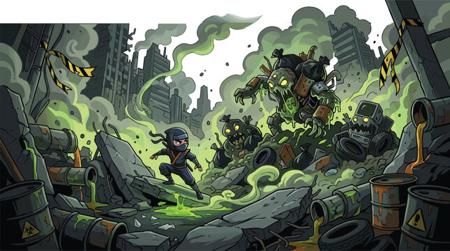 Ninja warrior fighting toxic garbage monster in a destroyed post apocalyptic city wasteland with green slime vector illustration