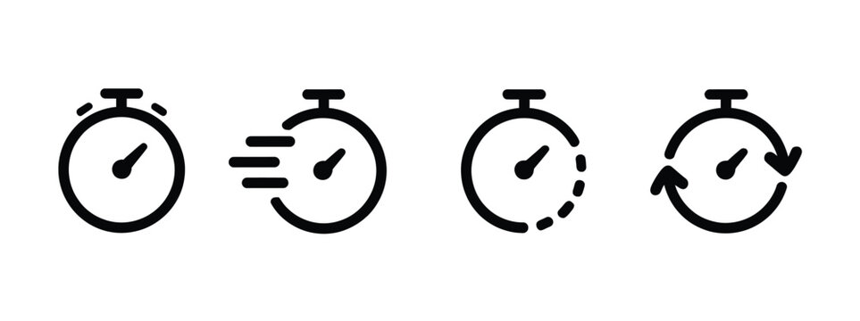 Timer icon set featuring alarm clock, stopwatch, and countdown symbols for time tracking, scheduling, and duration concept in outline vector illustration collection.