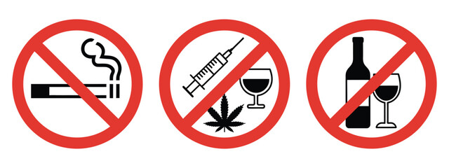 forbidden drugs sign set, red crossed out circle prohibition symbols, no smoking no drugs no vaping and no alcohol icons, public safety and health restriction concept, clean vector illustration on whi © Rakib