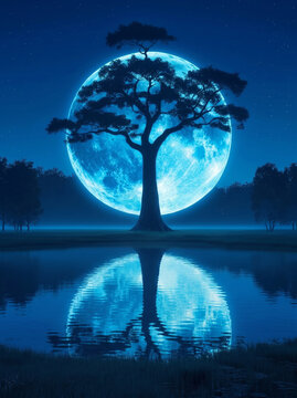a serene nighttime landscape featuring a large tree in front of a glowing full moon reflected in a calm body of water under a starry sky with silhouetted trees