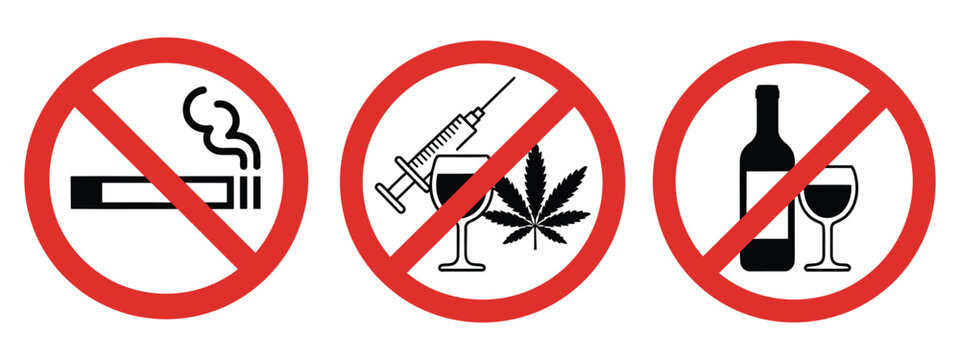 prohibition warning icon collection, red circle ban symbols for smoking drugs vaping and alcohol, safety regulation and health protection concept, simple modern vector design isolated on white 