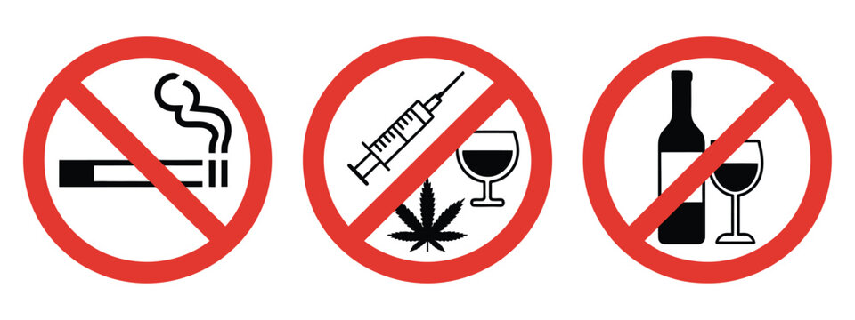 forbidden drugs sign set, red crossed out circle prohibition symbols, no smoking no drugs no vaping and no alcohol icons, public safety and health restriction concept, clean vector illustration on whi