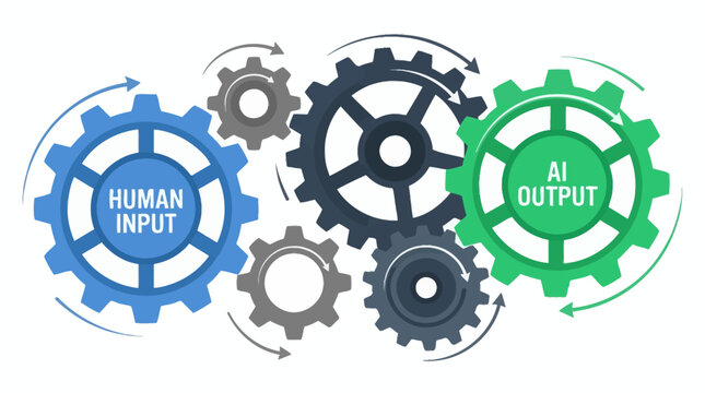 Technology gears, human input AI output, automation workflow, industrial mechanism isolated on White Background ai