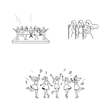 Musical ensemble performing on stage vector illustration with singers and instruments against a white background band