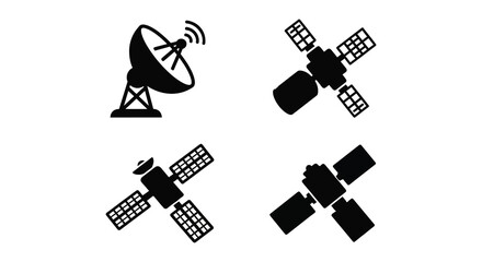Satellite dish and communication satellites in black silhouette spacecraft orbital vehicle antenna parabolic signal transmission © MDAbujafor