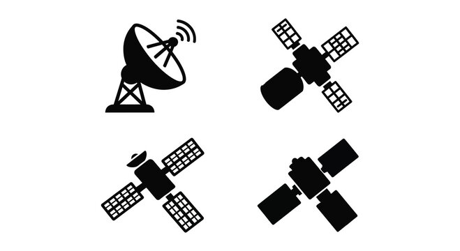 Satellite dish and communication satellites in black silhouette spacecraft orbital vehicle antenna parabolic signal transmission