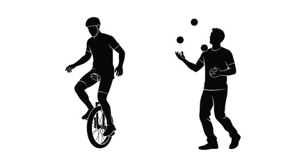 Circus performers juggling and riding a unicycle black silhouette performer juggler unicyclist cyclist entertainment show © MDAbujafor