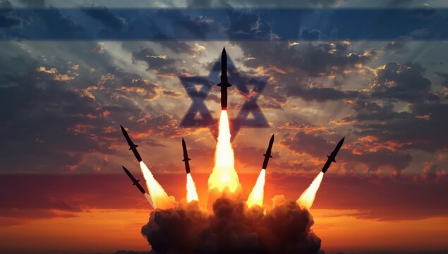 Multiple ballistic missiles launching at sunset with israeli flag overlay and star of david symbol in the clouds