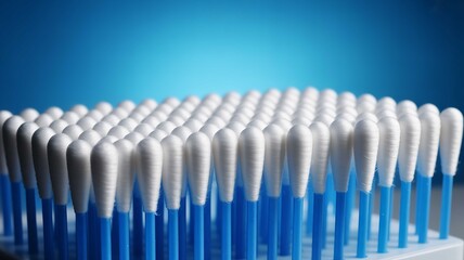 Fototapeta premium Many white cotton swabs with blue plastic sticks arranged in a neat grid pattern against a vibrant blue studio background