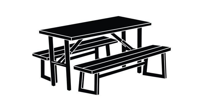 Picnic Table And Benches Silhouette Against A White Background outdoor furniture bench wooden park garden