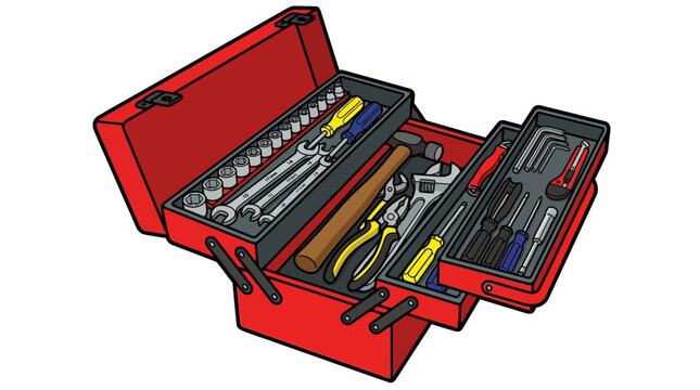 Red toolbox with various tools inside illustration