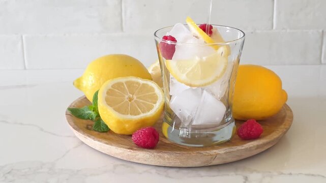 Pouring of a glass of refreshing summer pink lemonade. Tray with lemons and raspberries. Side view on a bright background.