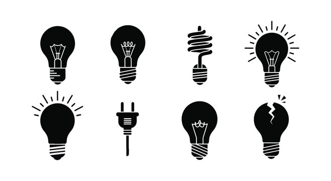 Collection Of Light Bulbs And Electrical Plug In Black Silhouette lightbulb bulb filament incandescent led
