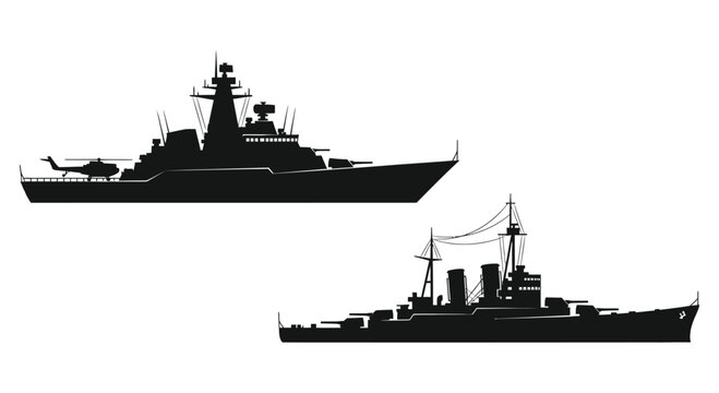 Two warship silhouettes against a white background detailed naval vessel shapes silhouette ship destroyer cruiser
