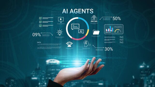 Futuristic Concept of AI Agents Displayed on Transparent Interface with Hand Reaching Out to Virtual Data Graphs and Icons Against City Background Gluon.