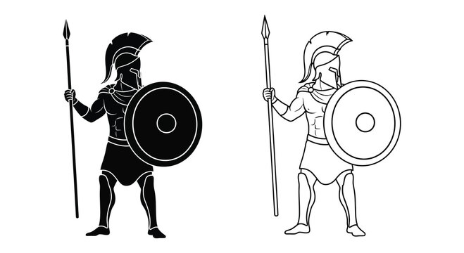 Ancient spartan warrior with shield and spear black and white silhouette greece greek soldier historical