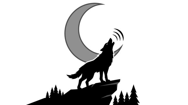 Wolf howling at the moon on a hill with trees