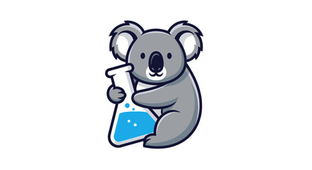 Fototapeta premium Cartoon Koala Holding a Science Beaker with Blue Liquid and Bubbles - Cute Animal Illustration for Education and Science