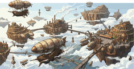 Steampunk network of floating islands with industrial factories villages airships and bridges in a cloudy sky vector illustration © Mohammad