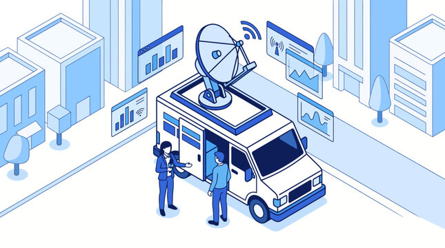 Isometric News Broadcasting Van with Satellite Dish in City