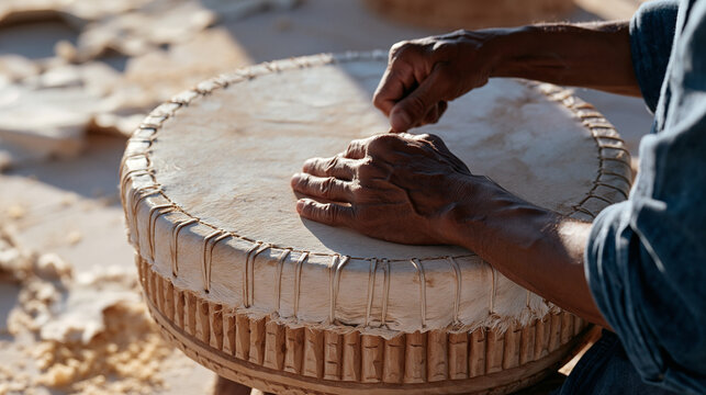Close-up of a percussion instrument maker's hands tightening the lacing on a hand drum, hide stretched taut over a carved wooden shell, sawdust and hide scraps on the floor, the