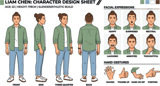 Young Man Character Design Sheet with Turnaround Views Facial Expressions and Hand Gestures for Animation Game Development and Vector Illustration