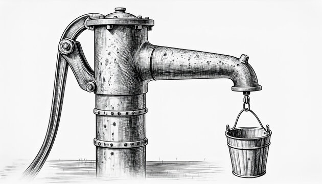 Vintage Hand Pump with Bucket Sketch.