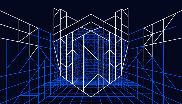 Wireframe shield shape with grid background digital illustration