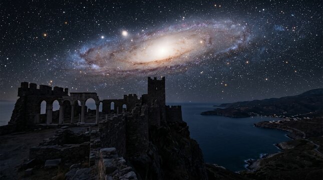Ancient castle ruins on a cliff overlooking the sea under a dramatic starry night sky with a giant spiral galaxy