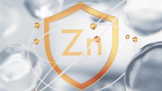 Zinc Zn mineral golden shield symbol in 3D animation. Trace element molecular structure abstract background with transparent liquid cells for medical, immune defense and chemistry video
