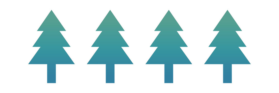 Set of four stylized pine trees with a blue to green gradient isolated on transparent background