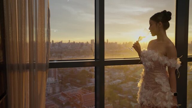 Slow motion smooth move in to elegant Asian woman looking at camera smiling sipping white wine and turning to admire golden sunset city view by large window b-roll