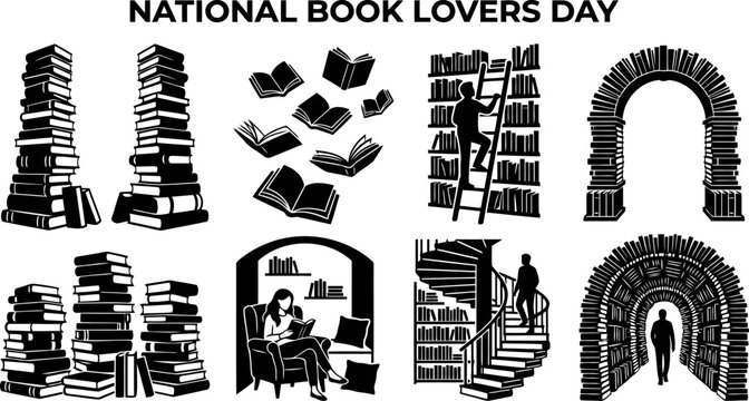 Collection of black and white depicting books and reading activities library bookshelf
