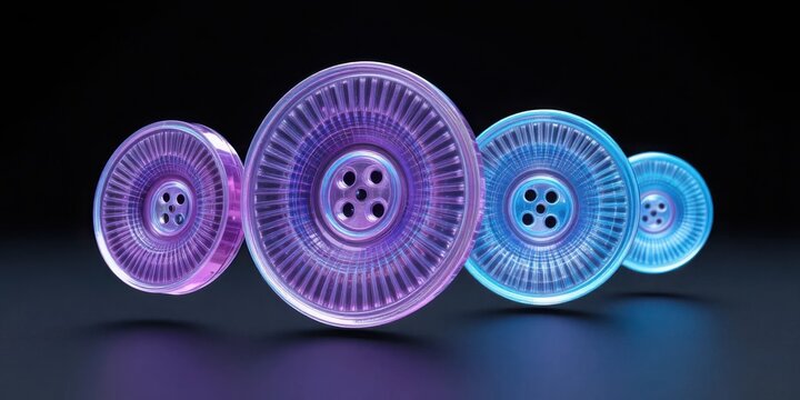 Futuristic crystal glass clothing buttons with glowing purple and blue neon reflections floating on dark studio background