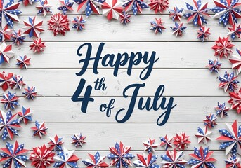 Obraz premium Festive fourth of july celebration with paper star flowers and patriotic lettering on wood