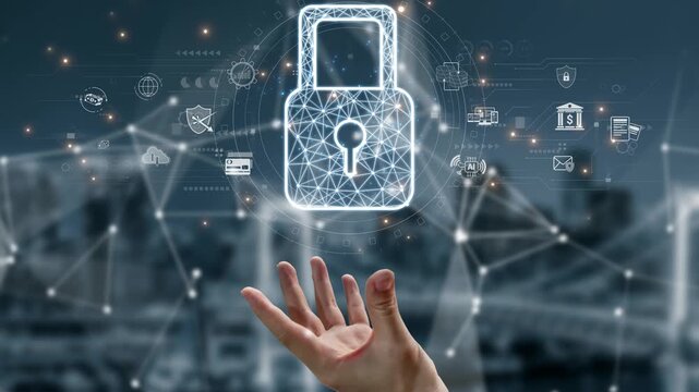 Cybersecurity protection system showing password encryption, fingerprint ID, cloud security, email, credit card, and database lock for secure data access Marrow