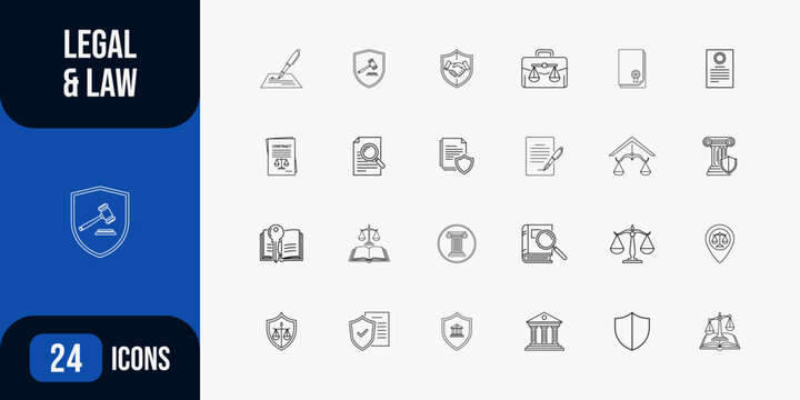 Legal and law outline vector icon set pack for justice systems featuring courthouse hammer gavel court scales document contract attorney solicitor judge verdict tribunal legal proceeding.