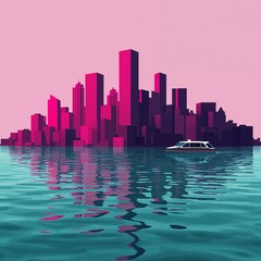 Fototapeta premium Stylized Vector City Skyline with Pink Skyscrapers and Passenger Boat on Teal Water Ripples