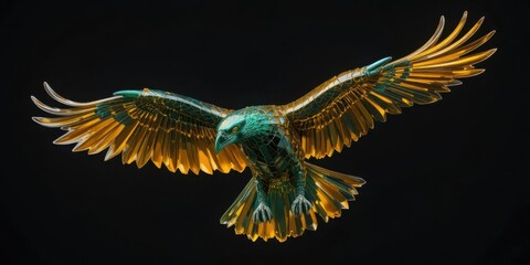 Obraz premium Majestic crystalline eagle in flight with glowing orange wings and emerald body on a dark background futuristic 3D sculpture
