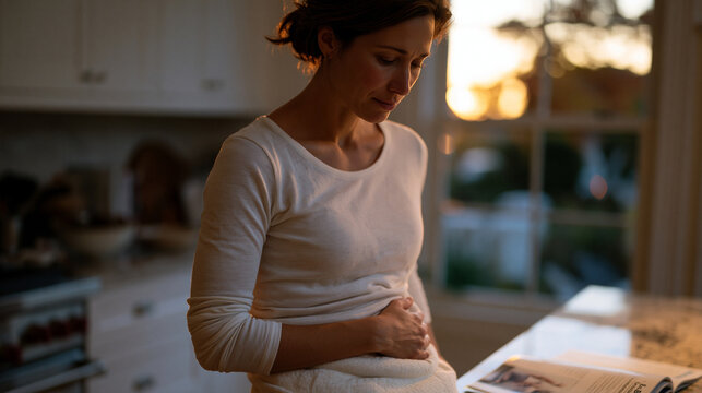 Woman in her forties standing in a twilight kitchen pressing a heating pad to her abdomen, a fibroid treatment information booklet open on the counter, the fading outdoor light