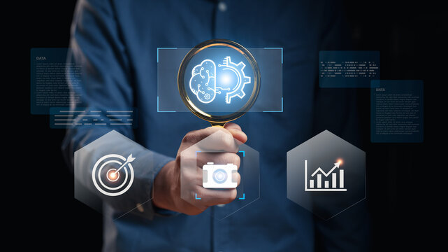 Digital strategist examining AI-driven insights in a virtual interface, advanced analytics, predictive modeling, data-driven decision making, and future growth strategies