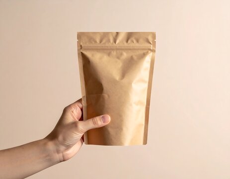 Hand Holding Blank Brown Snack Pouch for Food Packaging on Soft Cream Background with Minimal Eco-Friendly Product Mockup and Branding Space Concept