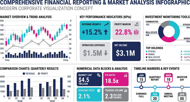 Comprehensive financial reporting dashboard provides a detailed market analysis and key performance indicators for investors.