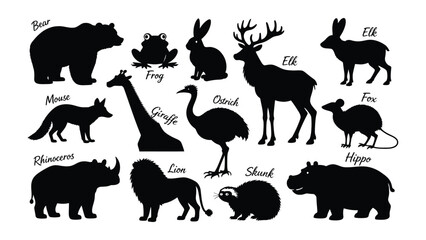 Wild animal silhouettes are displayed as a collection of black shapes labeled with their respective names on a clean white background. © Sadee Girl